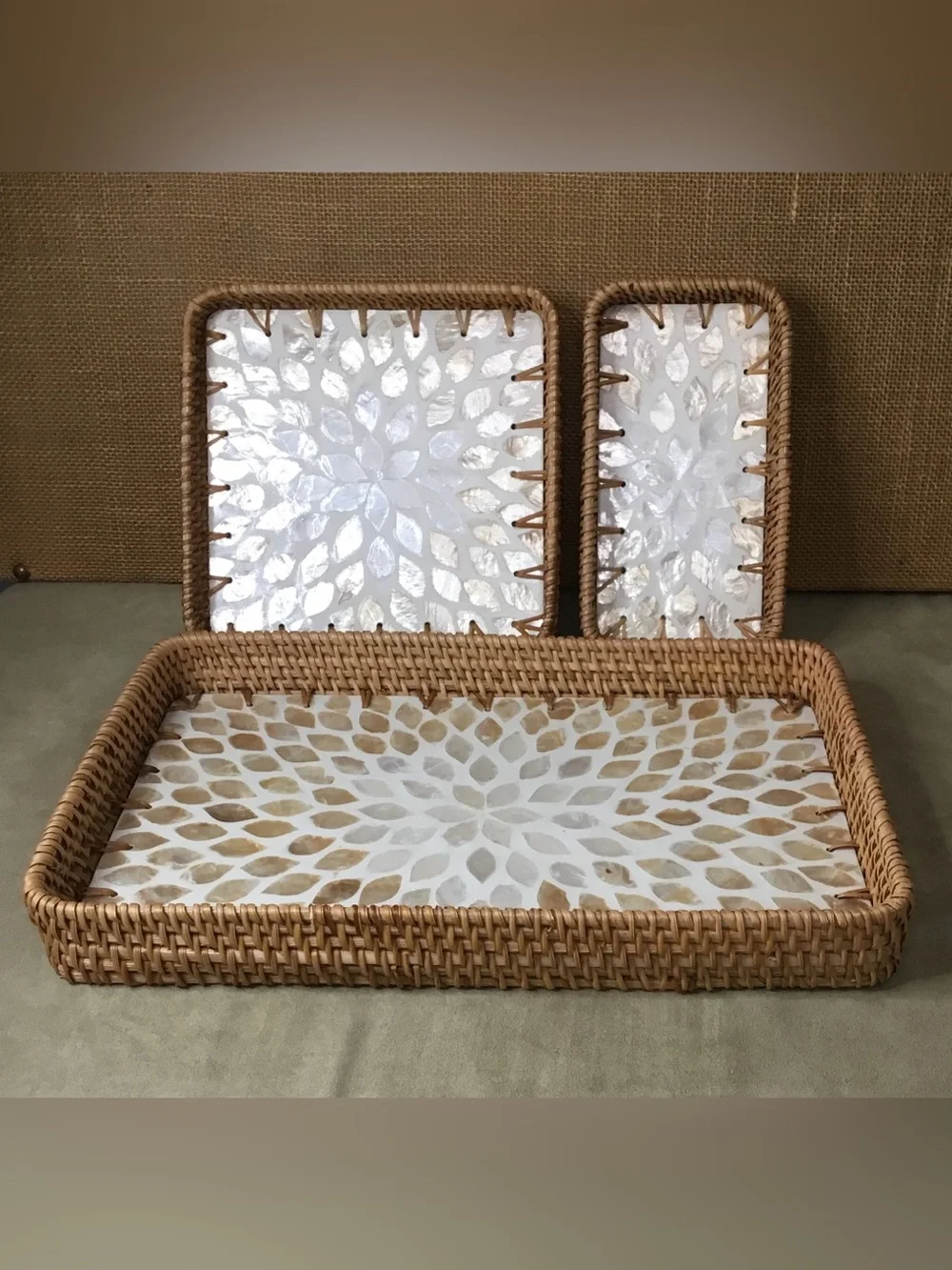 Brazil Station Handwoven Rattan Mother of Pearl Service Tray Set of Three.